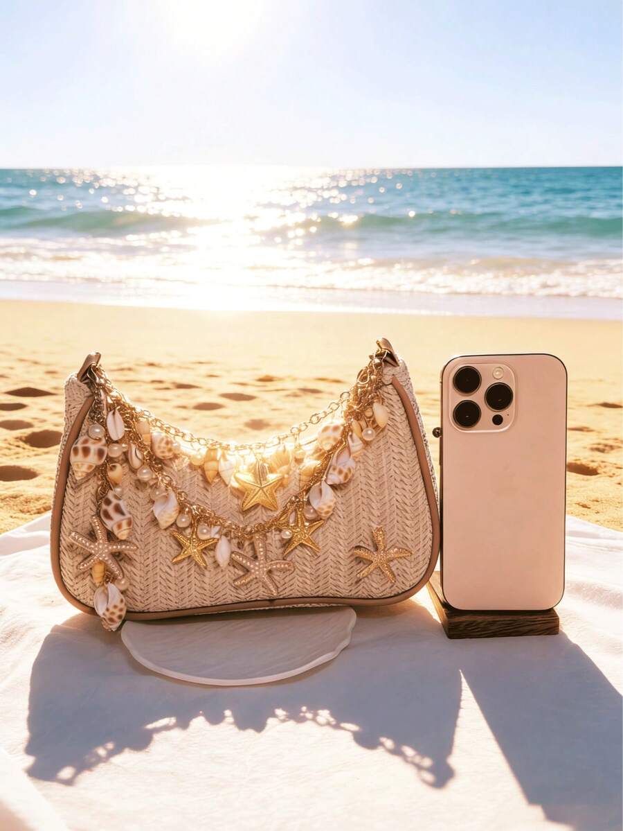 DAZY Summer Beach Tote Bag- Starfish & Ocean Theme Series. Woven Shell Shoulder Bag With Ocean Style Chain Strap.,Straw Bag