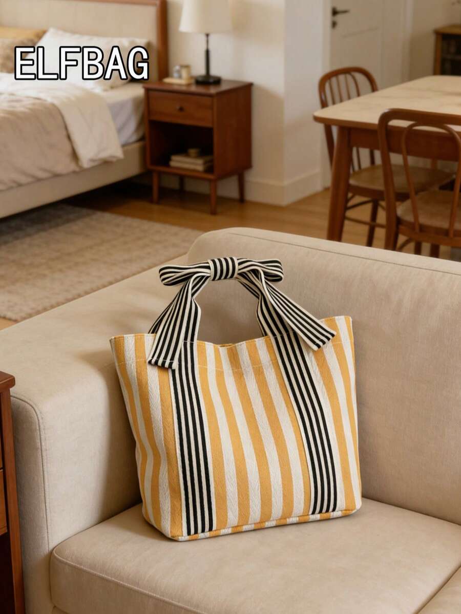 1pc Minimalist Fashion Striped Tote Bag, Unique Bow Design Canvas Bag, Japanese Casual Colorblock Student Bag, Unisex Handbag Storage Shopping Bag, Suitable For Students To School, Moms Shopping And O