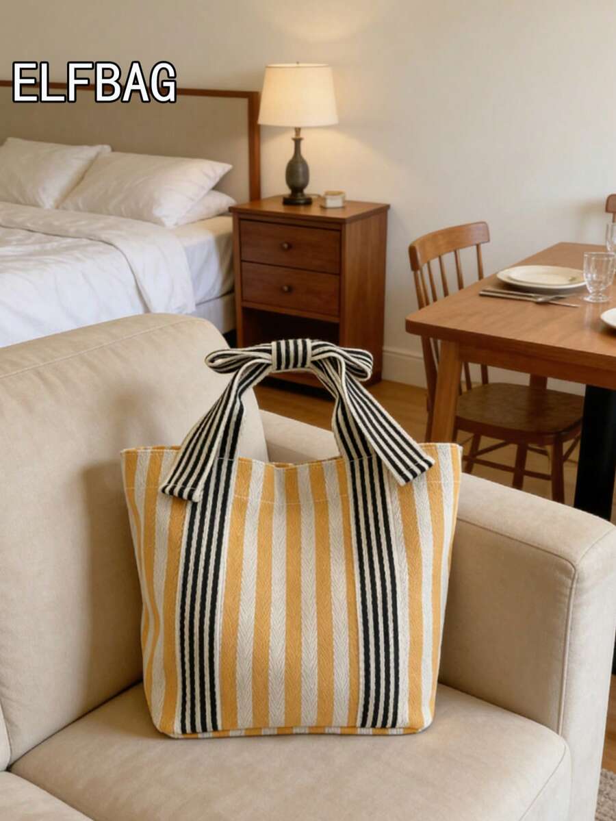 1pc Minimalist Fashion Striped Tote Bag, Unique Bow Design Canvas Bag, Japanese Casual Colorblock Student Bag, Unisex Handbag Storage Shopping Bag, Suitable For Students To School, Moms Shopping And O