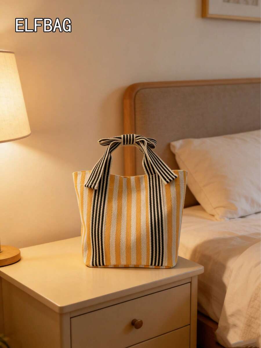 1pc Minimalist Fashion Striped Tote Bag, Unique Bow Design Canvas Bag, Japanese Casual Colorblock Student Bag, Unisex Handbag Storage Shopping Bag, Suitable For Students To School, Moms Shopping And O