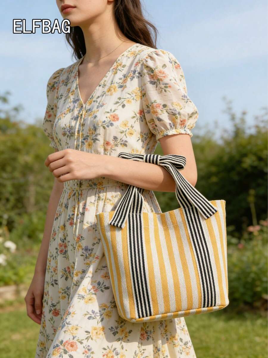 1pc Minimalist Fashion Striped Tote Bag, Unique Bow Design Canvas Bag, Japanese Casual Colorblock Student Bag, Unisex Handbag Storage Shopping Bag, Suitable For Students To School, Moms Shopping And O