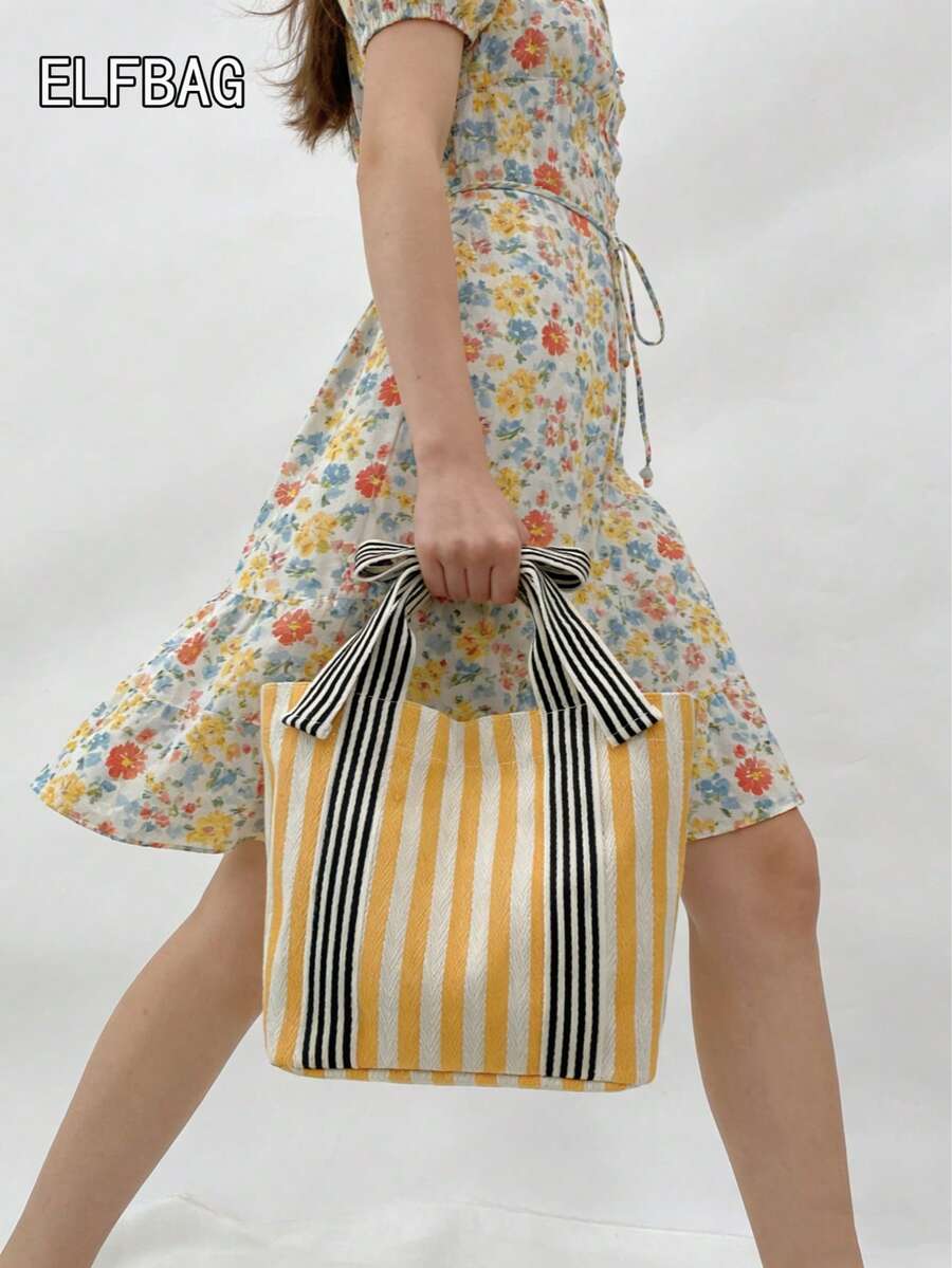 1pc Minimalist Fashion Striped Tote Bag, Unique Bow Design Canvas Bag, Japanese Casual Colorblock Student Bag, Unisex Handbag Storage Shopping Bag, Suitable For Students To School, Moms Shopping And O