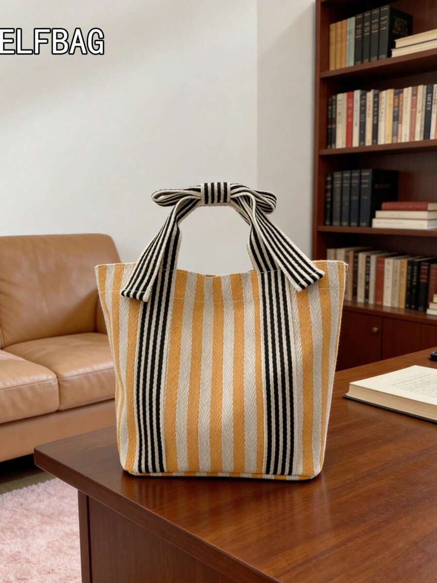 1pc Minimalist Fashion Striped Tote Bag, Unique Bow Design Canvas Bag, Japanese Casual Colorblock Student Bag, Unisex Handbag Storage Shopping Bag, Suitable For Students To School, Moms Shopping And O
