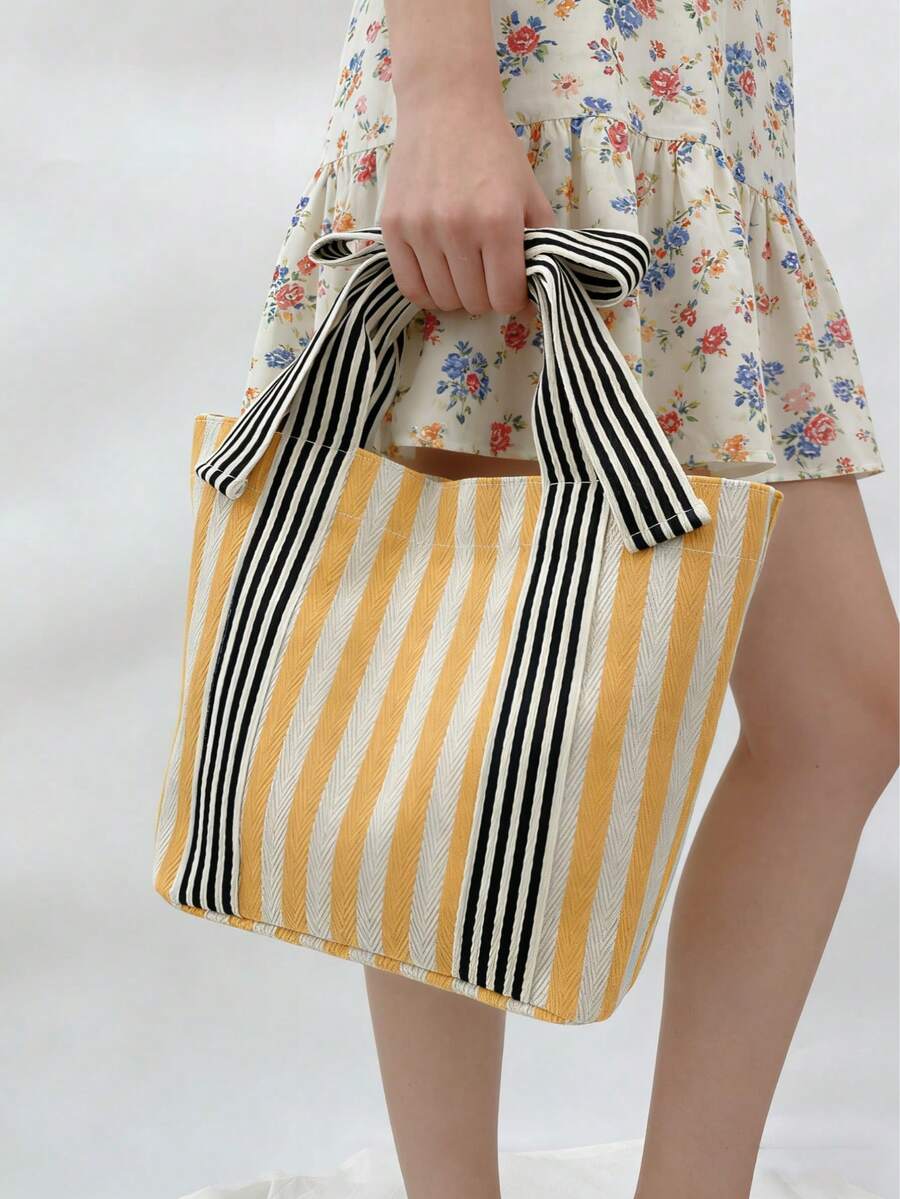 1pc Minimalist Fashion Striped Tote Bag, Unique Bow Design Canvas Bag, Japanese Casual Colorblock Student Bag, Unisex Handbag Storage Shopping Bag, Suitable For Students To School, Moms Shopping And O