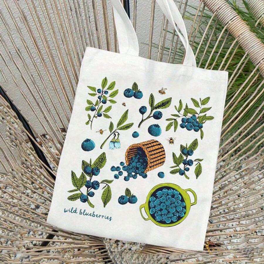 Women's Vintage Print Tote Bag- Cute Blueberries & Foliage Design, Bookbag/Shopping Bag, Spacious Casual Handbag For, Work, Travel, Machine Washable, With Patch (No Closure)