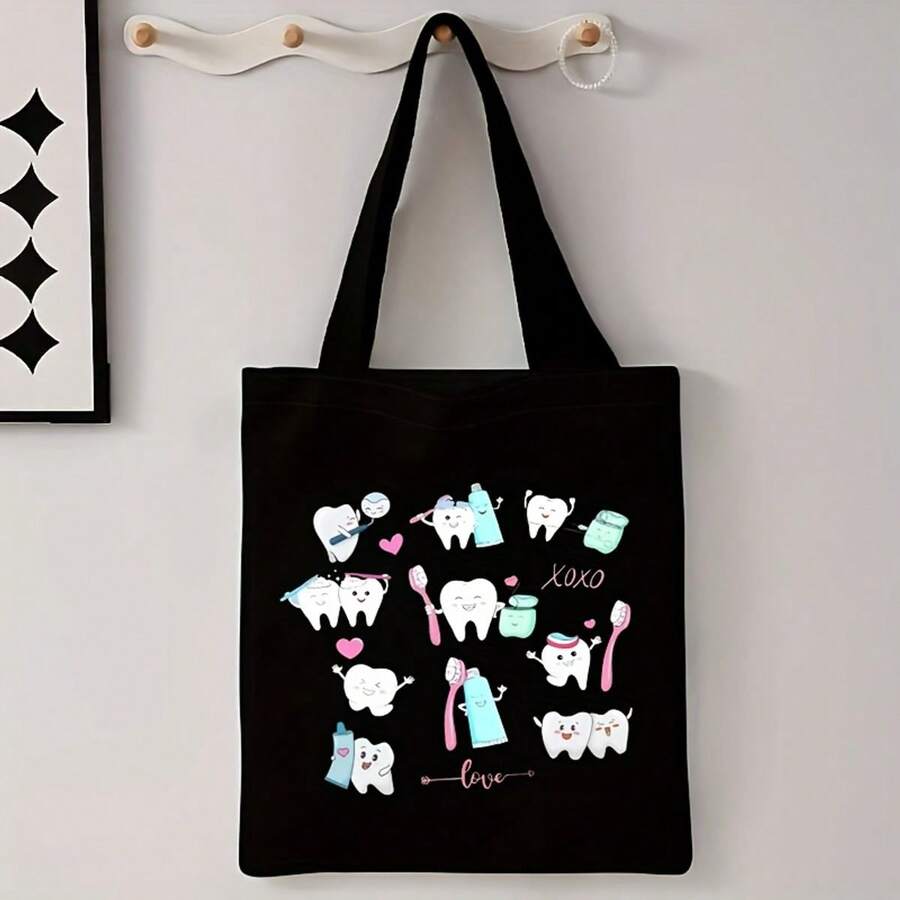 A Fun Valentine'S Day Dentist Tote Bag, A Gift For Dental Assistants, Featuring A Tooth Print Design- A Durable And Stylish Beach Bag, Perfect For Shopping, Traveling, And Outdoor Activities