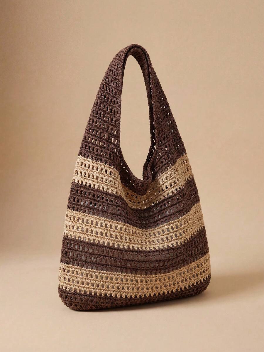 Swim Chiccia 2024 New Handmade Crochet Woven Tote Bag For Women, Vintage Striped Decor One Shoulder Large Capacity Handbag, Perfect For Beach Vacation, Travel, Shopping And Holiday Essential, Eye-Catc