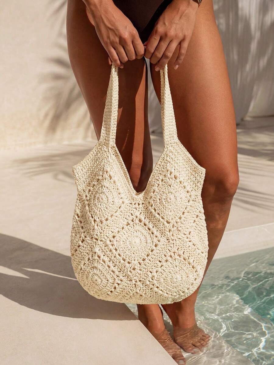 Swim Chiccia Handmade Crochet Hollow Tote Bag, Large Capacity, Pure Handwoven, Suitable For Summer Beach Vacation, Travel, Sweet Lady Bag, Beach Necessities, Beach Essentials,Beach Stuff & Summer Esse