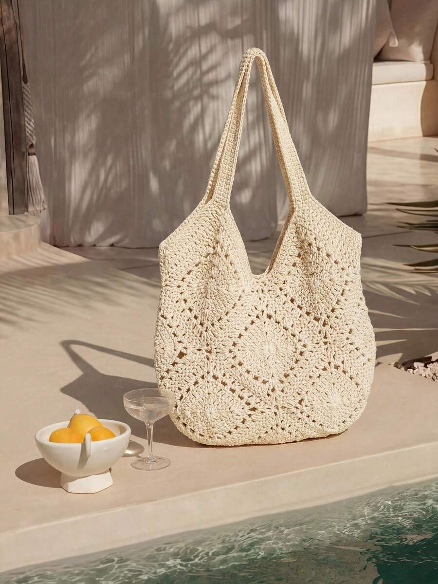 Swim Chiccia Handmade Crochet Hollow Tote Bag, Large Capacity, Pure Handwoven, Suitable For Summer Beach Vacation, Travel, Sweet Lady Bag, Beach Necessities, Beach Essentials,Beach Stuff & Summer Esse