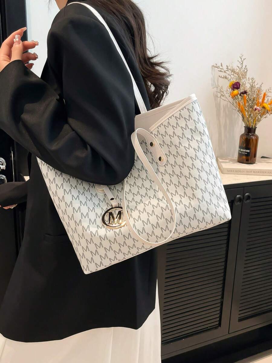 Fashion Solid Color Large Capacity M-Letter Print Tote Bag, Metal Decor, Shoulder Bag, Suitable For Women Shopping, Commuting To Work And Daily Use, Suitable For Students Going Back To School