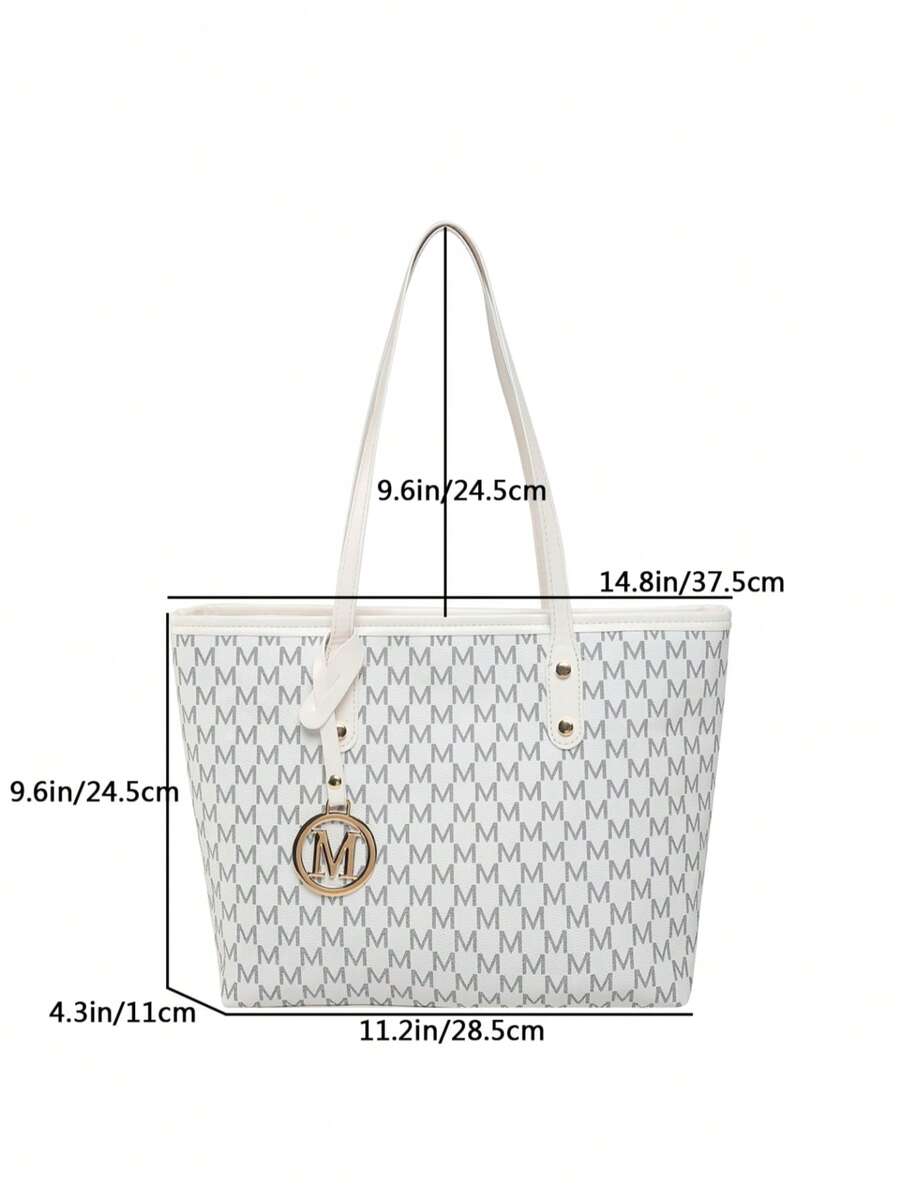 Fashion Solid Color Large Capacity M-Letter Print Tote Bag, Metal Decor, Shoulder Bag, Suitable For Women Shopping, Commuting To Work And Daily Use, Suitable For Students Going Back To School
