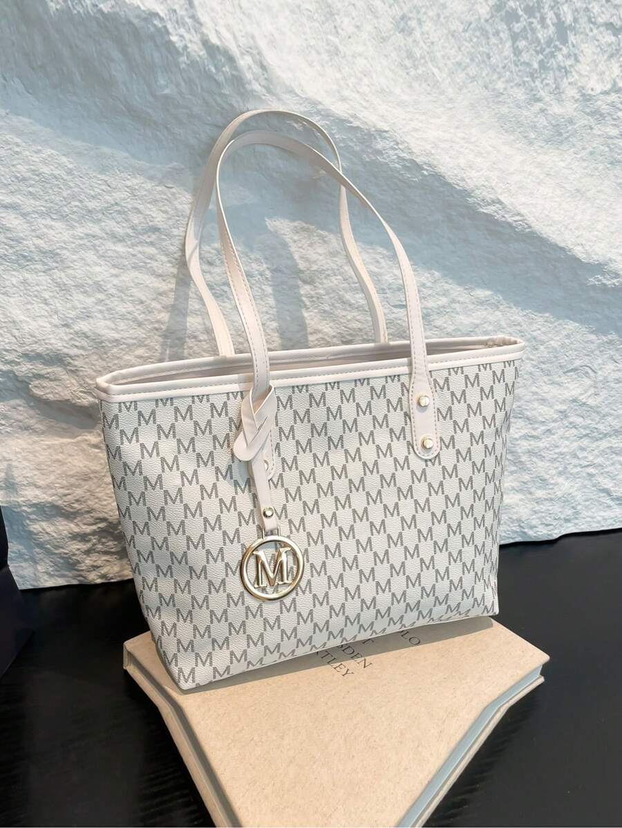 Fashion Solid Color Large Capacity M-Letter Print Tote Bag, Metal Decor, Shoulder Bag, Suitable For Women Shopping, Commuting To Work And Daily Use, Suitable For Students Going Back To School