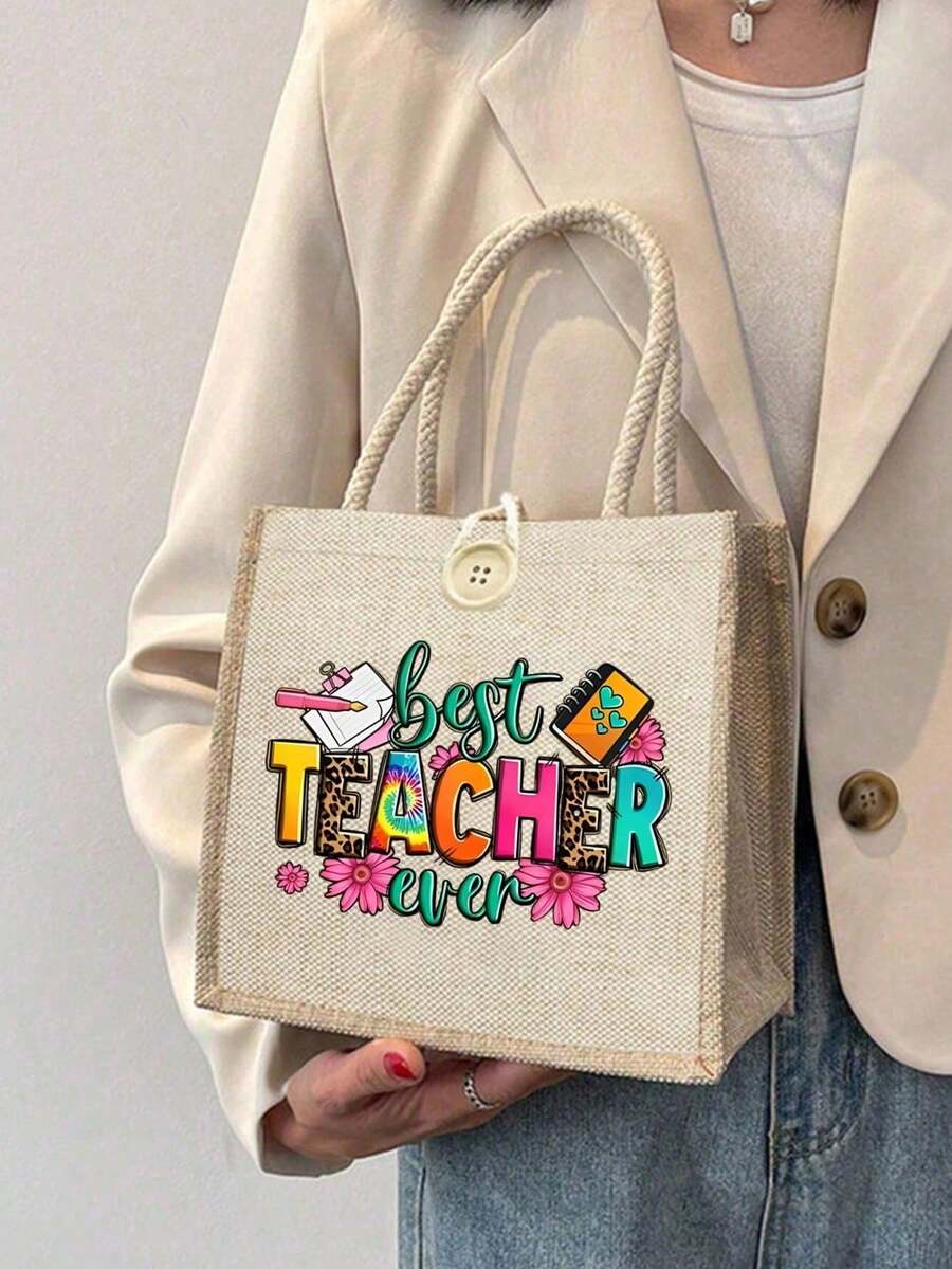 Best Teacher' Letter Print Tote Bag- Suitable For Mother's Day, Thanksgiving, Women's Day And Goddess Festival Gifts. Suitable For Daily Use.