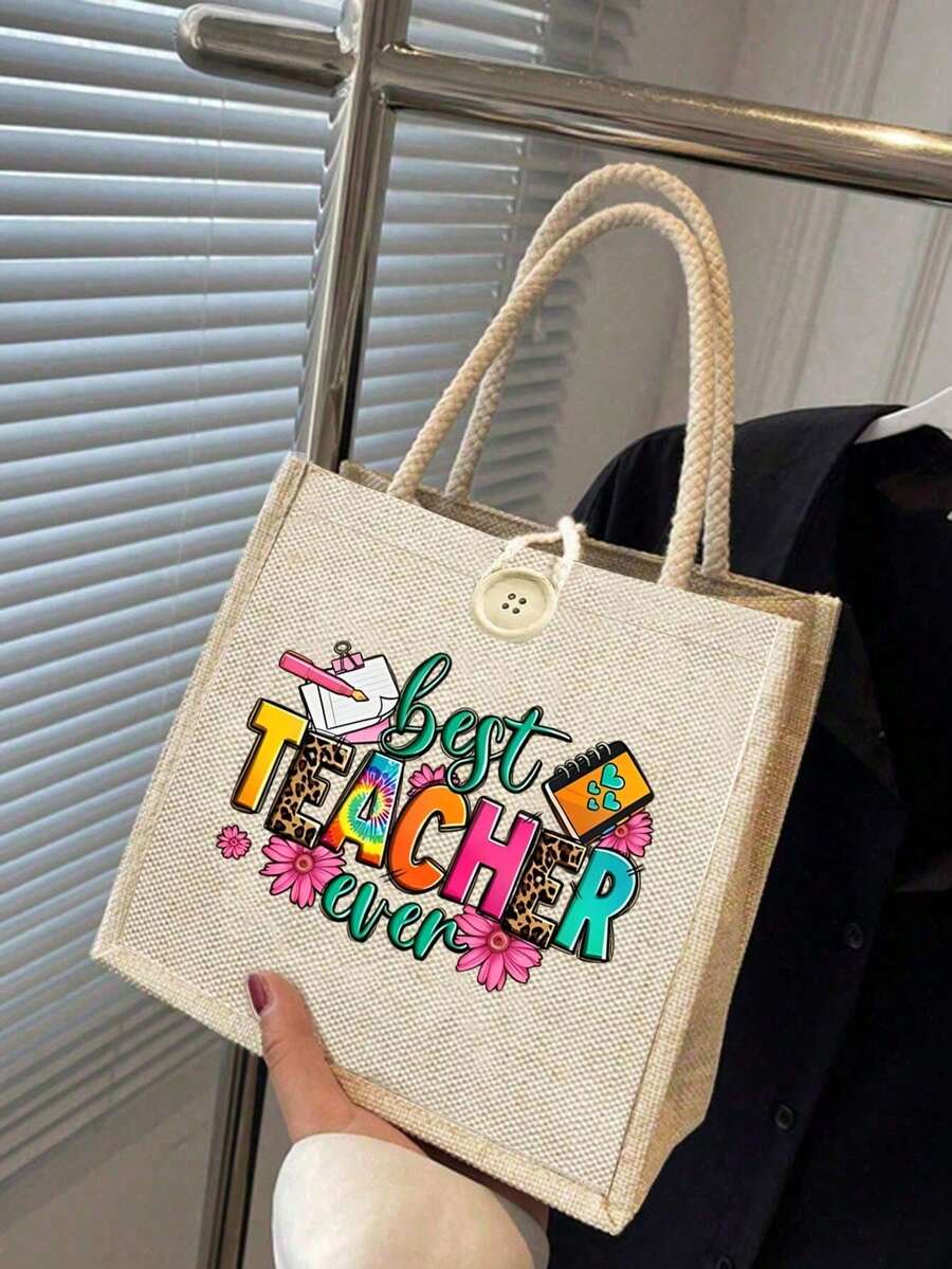 Best Teacher' Letter Print Tote Bag- Suitable For Mother's Day, Thanksgiving, Women's Day And Goddess Festival Gifts. Suitable For Daily Use.