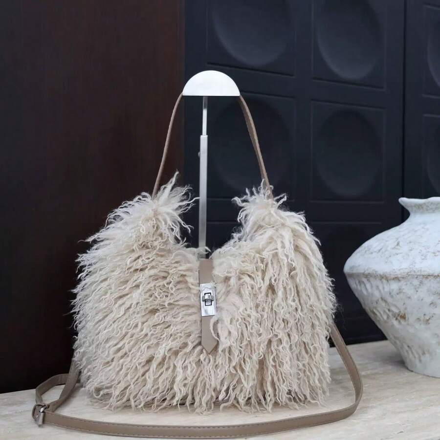 Women Faux Fur Fluffy Tote Bag, Plush Fur Purse Bag Soft Imitation Wool Fur Shoulder Tote Handbag With Adjustable Strap, Luxury Fur Buckle Handbag For Daily Travel Shopping