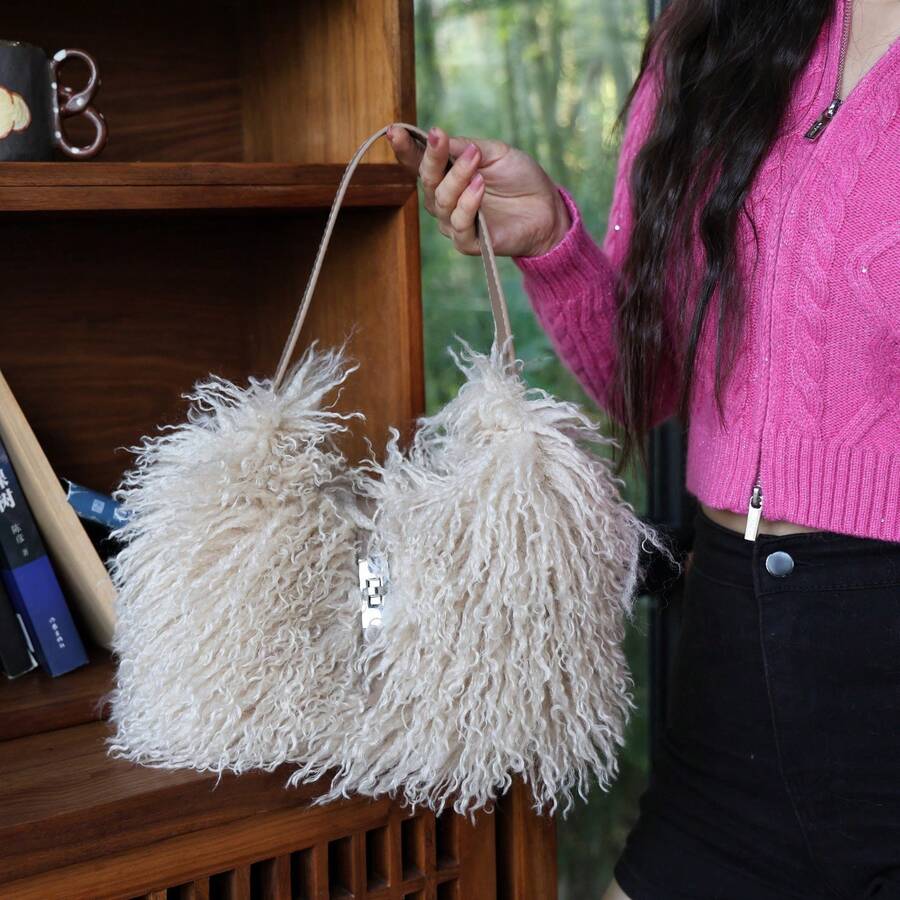 Women Faux Fur Fluffy Tote Bag, Plush Fur Purse Bag Soft Imitation Wool Fur Shoulder Tote Handbag With Adjustable Strap, Luxury Fur Buckle Handbag For Daily Travel Shopping