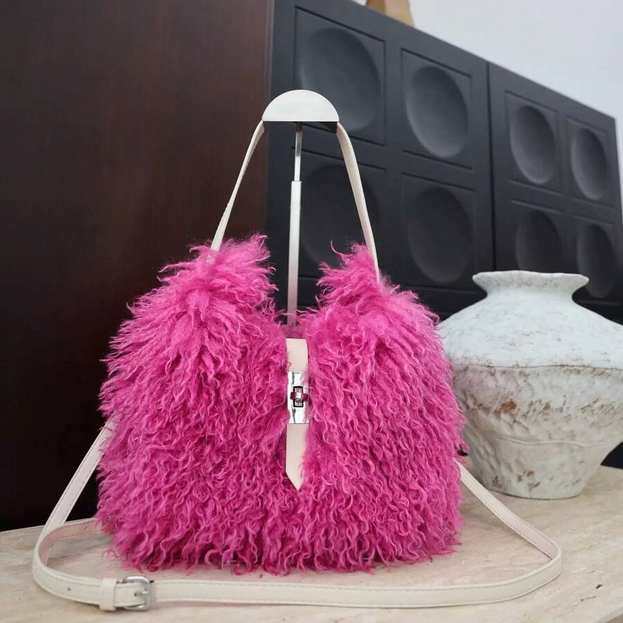 Women Faux Fur Fluffy Tote Bag, Plush Fur Purse Bag Soft Imitation Wool Fur Shoulder Tote Handbag With Adjustable Strap, Luxury Fur Buckle Handbag For Daily Travel Shopping
