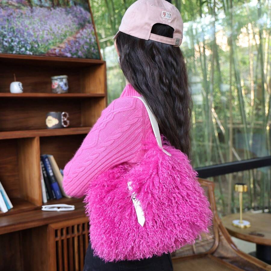Women Faux Fur Fluffy Tote Bag, Plush Fur Purse Bag Soft Imitation Wool Fur Shoulder Tote Handbag With Adjustable Strap, Luxury Fur Buckle Handbag For Daily Travel Shopping