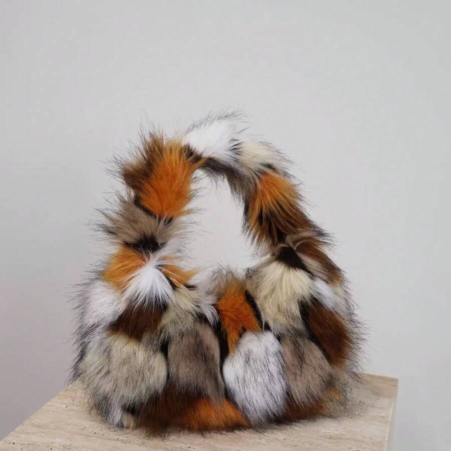 Women's Fluffy Faux Fur Mini Tote Bag, Furry Leopard Print Shoulder Bag Handbag For Women,Clutch Mini Plush Purse Cow Print Cute Tote Handbag
