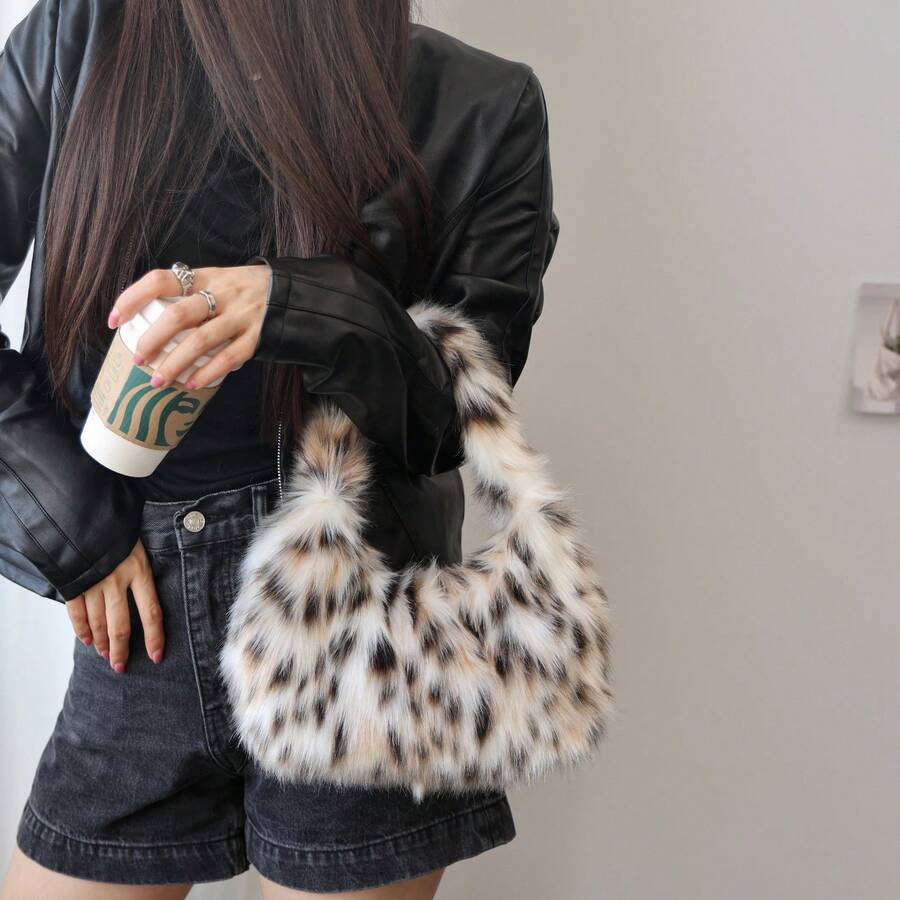 Women's Fluffy Faux Fur Mini Tote Bag, Furry Leopard Print Shoulder Bag Handbag For Women,Clutch Mini Plush Purse Cow Print Cute Tote Handbag