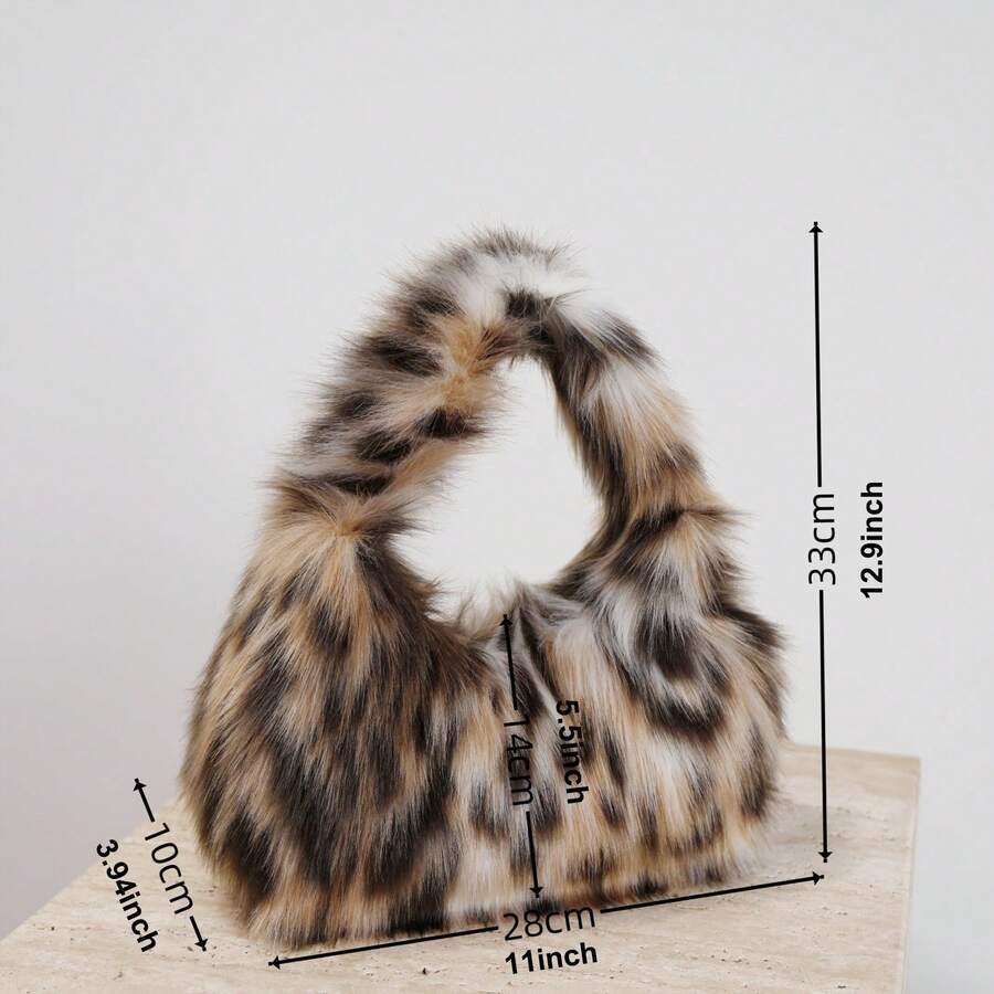 Women's Fluffy Faux Fur Mini Tote Bag, Furry Leopard Print Shoulder Bag Handbag For Women,Clutch Mini Plush Purse Cow Print Cute Tote Handbag