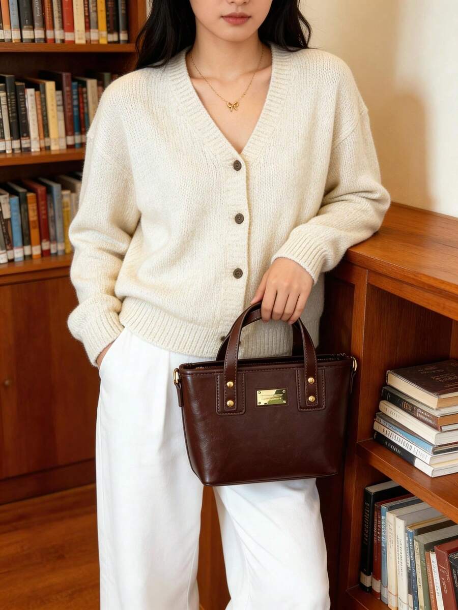 Functional Vintage Crossbody Bag For Women Chic Zipper Tote Bag With Double Top Handle And Detachable Strap For Commuter