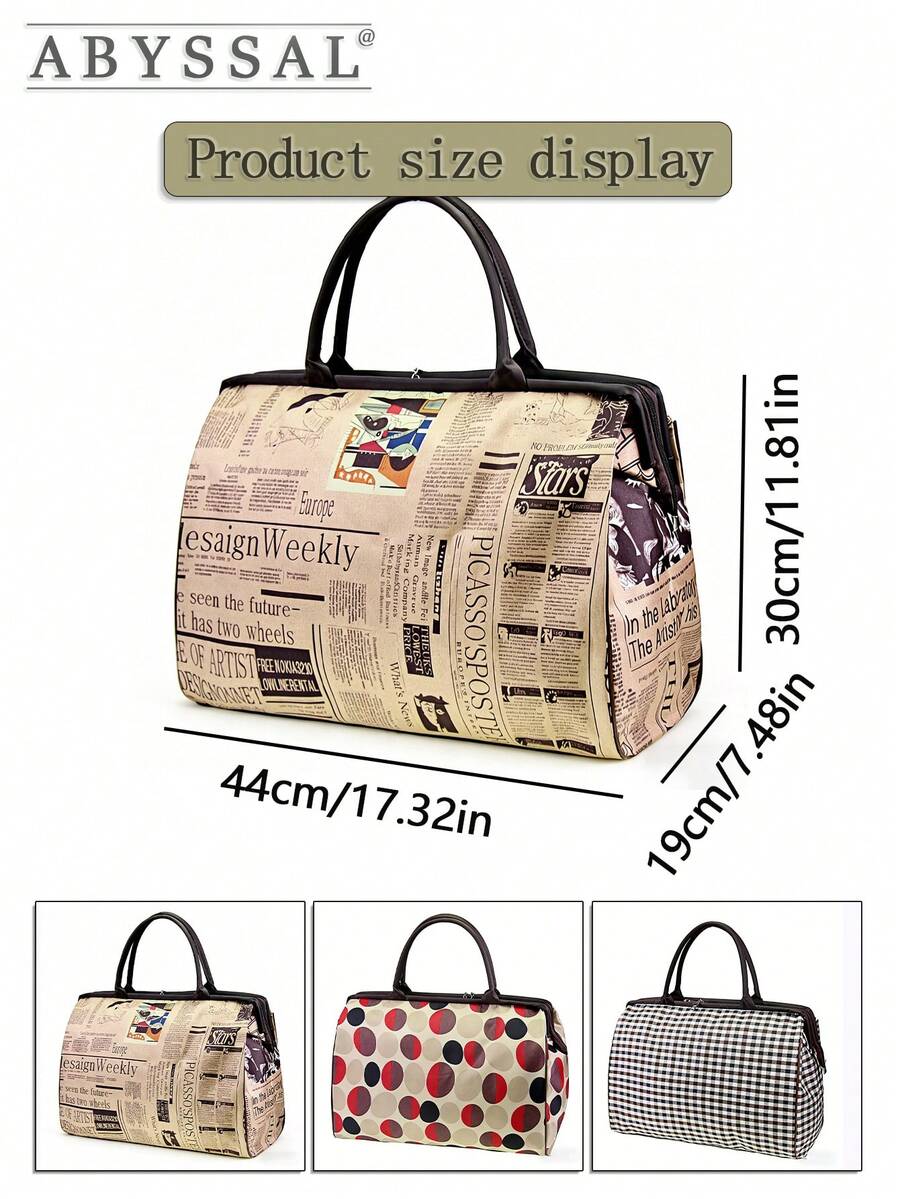 Retro Newspaper Print Tote Bag For Women Print Canvas Handbag Large Capacity Trave Bag Lightweight Sports Gym Bag Carry-On Bag Back To School Gifts