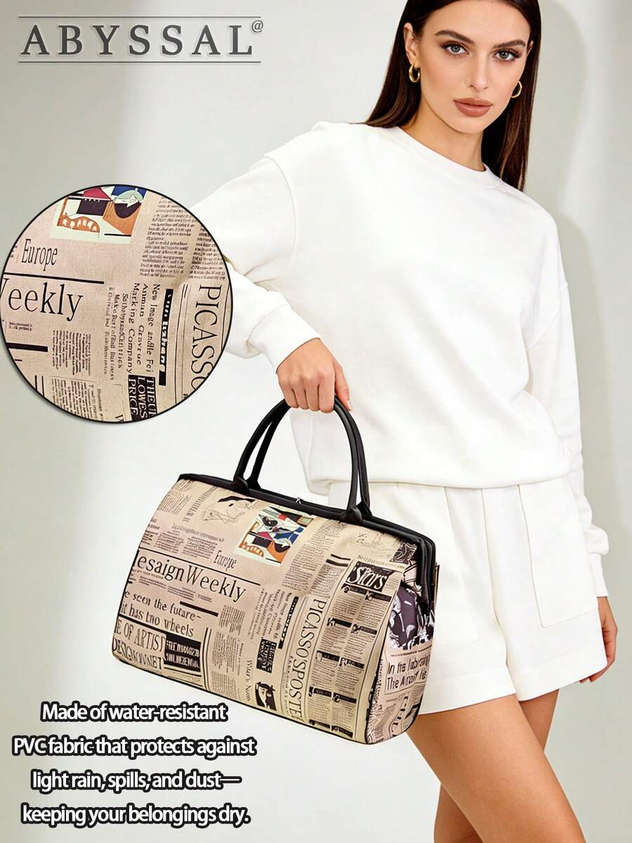 Retro Newspaper Print Tote Bag For Women Print Canvas Handbag Large Capacity Trave Bag Lightweight Sports Gym Bag Carry-On Bag Back To School Gifts