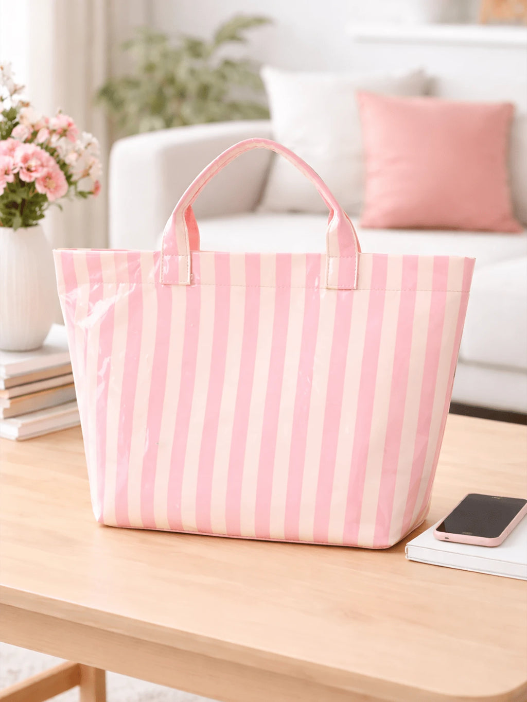 Striped PVC Coated Tote Bag, Large Capacity Travel Handbag, Suitable For Beach, Pool, Shopping, Vacation, Picnic And Daily Carry