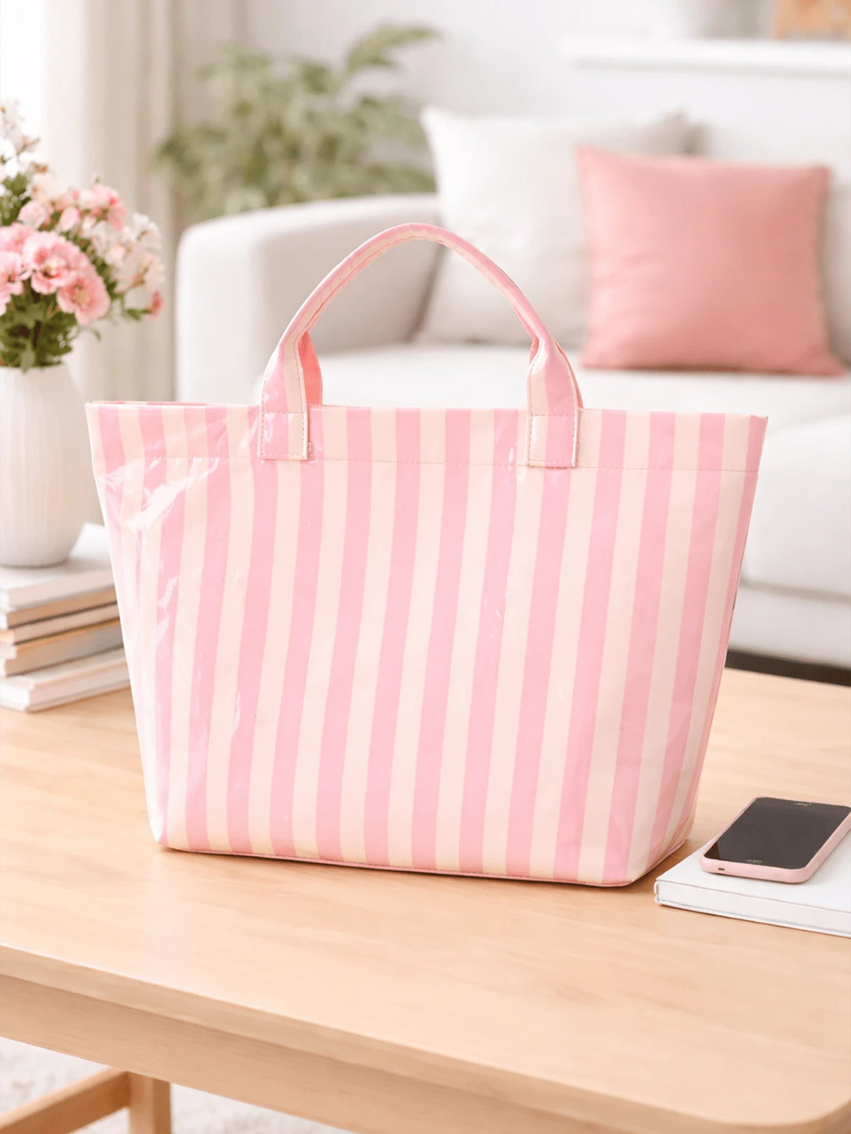 Striped PVC Coated Tote Bag, Large Capacity Travel Handbag, Suitable For Beach, Pool, Shopping, Vacation, Picnic And Daily Carry
