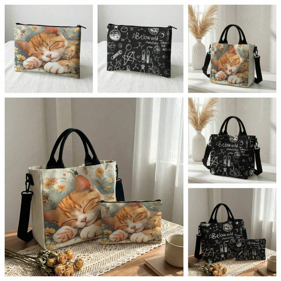 1pc Random Patterns Canvas Tote Set,2-In-1 Bag With Detachable Strap,Main Bag+Mini Pouch,3 Carry Ways,Large Capacity For Student Work Travel Daily Use