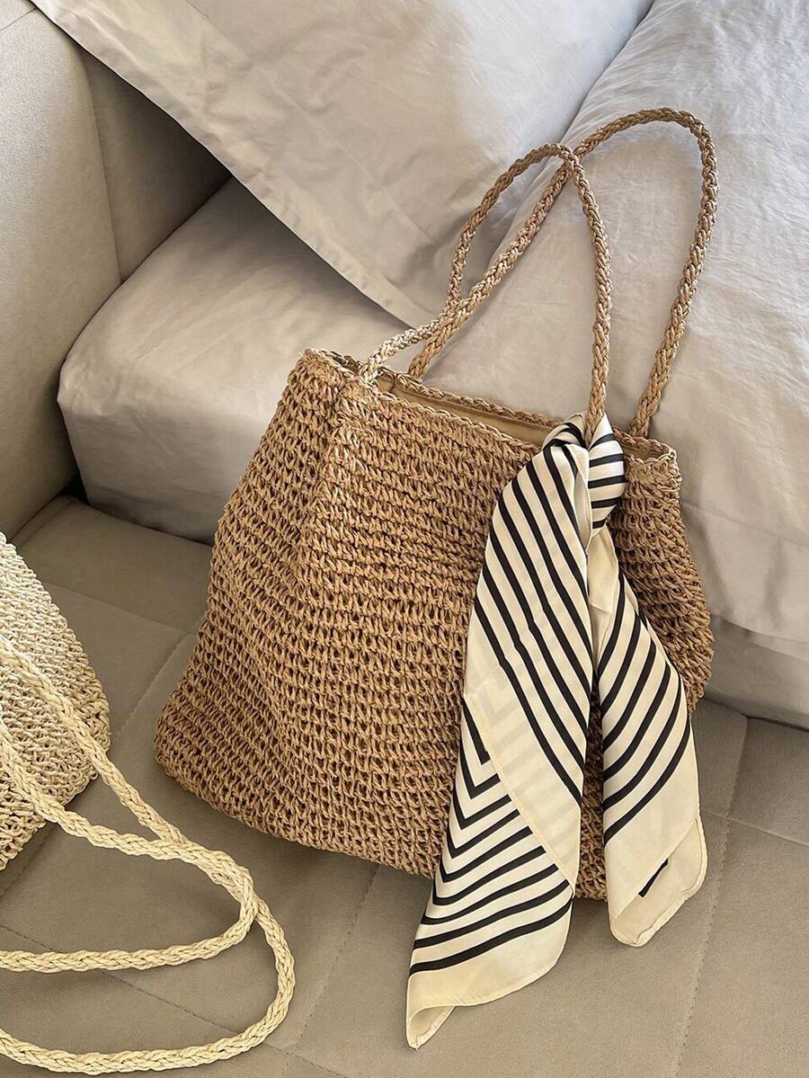 Vintage Straw Bag, Zipper Shoulder Beach Bag, Minimalist Mori Style Woven Tote Bag, Large Capacity Women Handbag