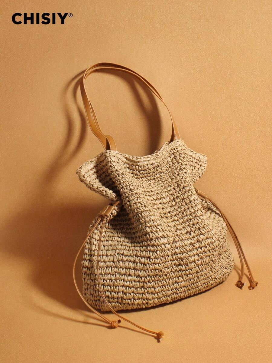 New Drawstring Crochet Bag, Single Shoulder Crossbody Woven Women's Bag, Large Capacity Grass Woven Bag, Vacation Travel Shopping, Daily Party Activities, Music Festival