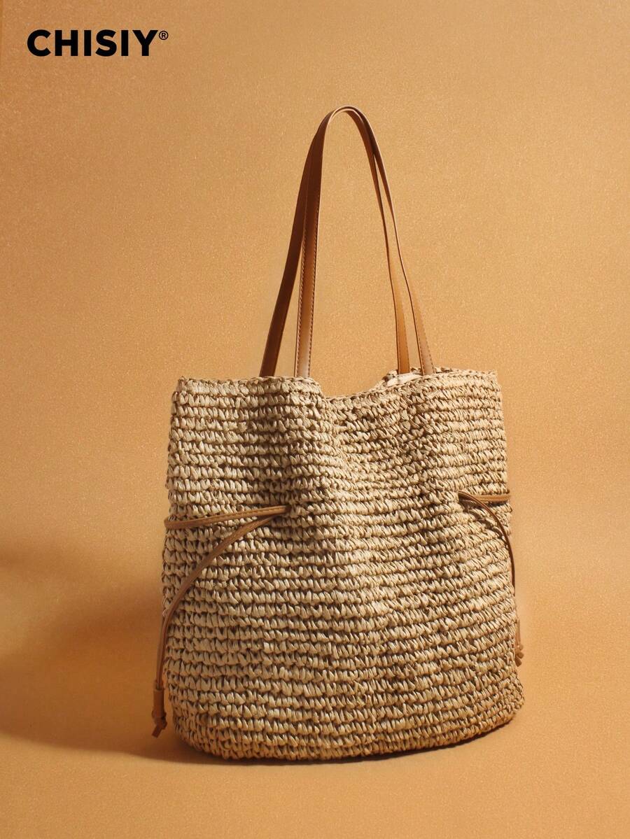 New Drawstring Crochet Bag, Single Shoulder Crossbody Woven Women's Bag, Large Capacity Grass Woven Bag, Vacation Travel Shopping, Daily Party Activities, Music Festival