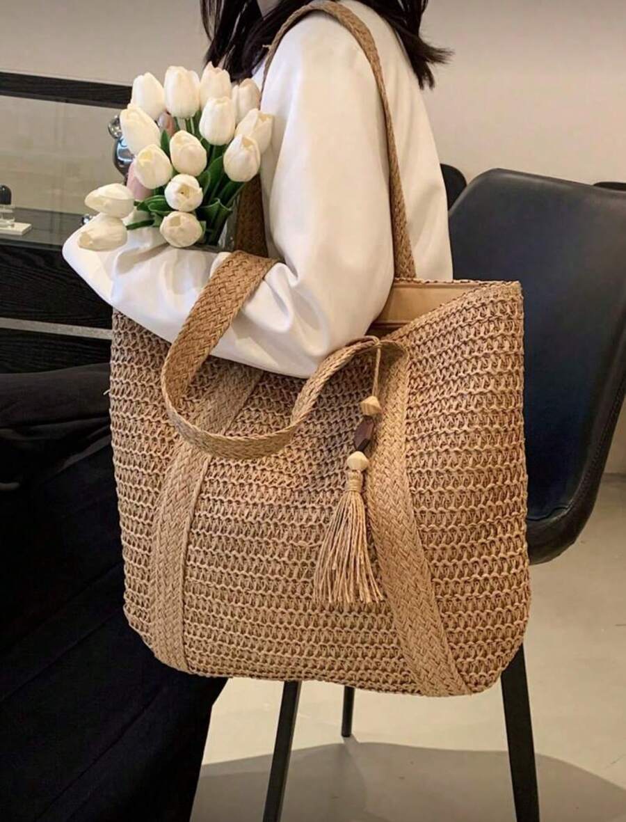 Tassel Decor Straw Bag Oversized,Perfect For Summer Travel,Summer Essentials,Beach Essentials Women Bags For Vacation & Holiday,School Bag,Large Capacity,Portable,For Teen Girls Women College Students