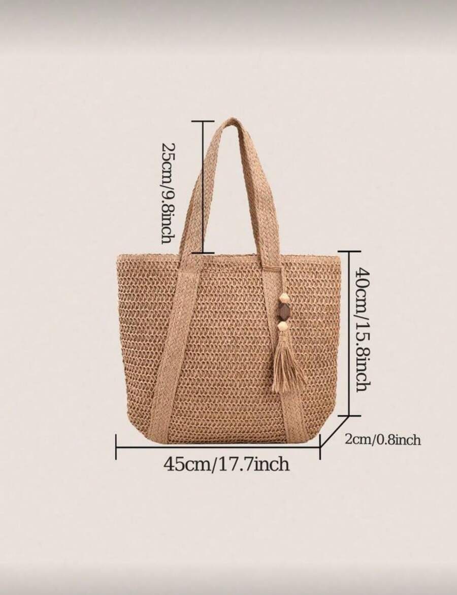 Tassel Decor Straw Bag Oversized,Perfect For Summer Travel,Summer Essentials,Beach Essentials Women Bags For Vacation & Holiday,School Bag,Large Capacity,Portable,For Teen Girls Women College Students