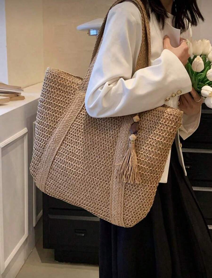 Tassel Decor Straw Bag Oversized,Perfect For Summer Travel,Summer Essentials,Beach Essentials Women Bags For Vacation & Holiday,School Bag,Large Capacity,Portable,For Teen Girls Women College Students
