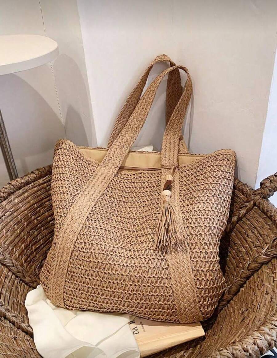 Tassel Decor Straw Bag Oversized,Perfect For Summer Travel,Summer Essentials,Beach Essentials Women Bags For Vacation & Holiday,School Bag,Large Capacity,Portable,For Teen Girls Women College Students