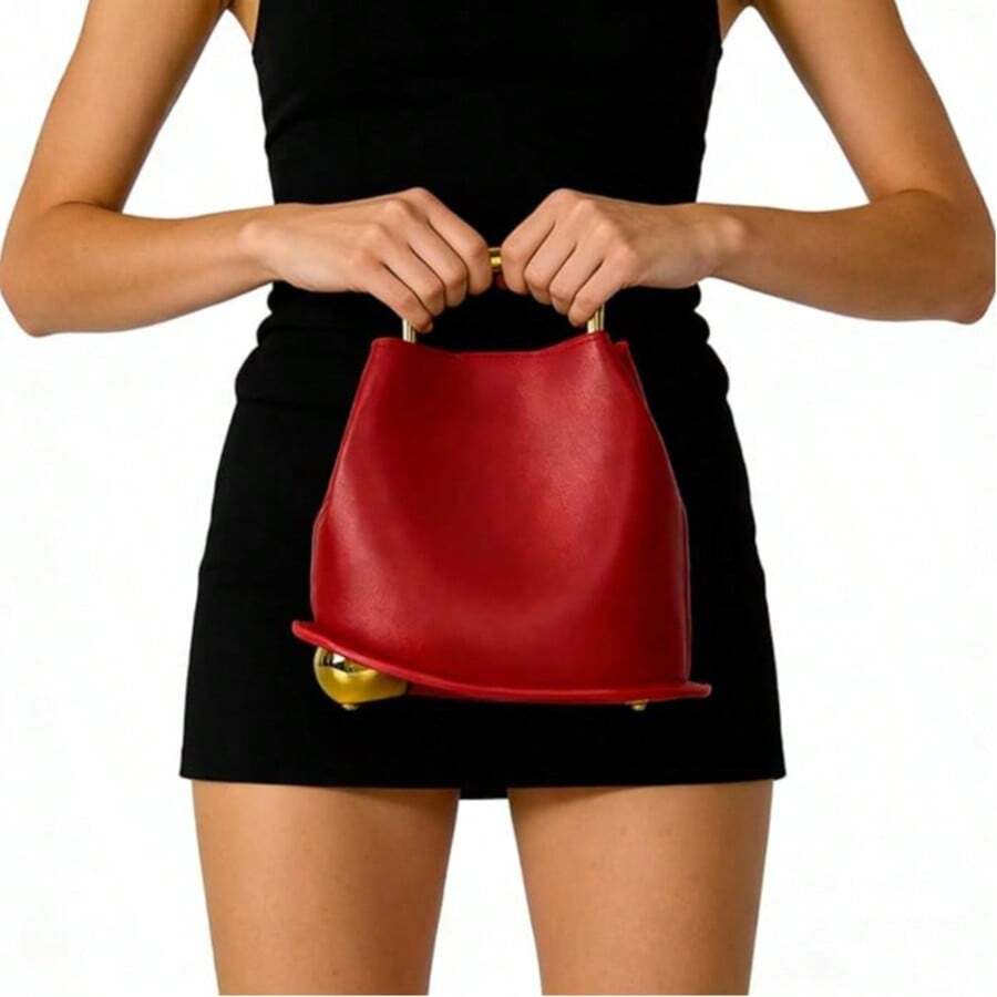 NEW Tote Bag PU Leather Bucket Simple Solid Color Irregular Casual Crossbody Shoulder Bag Shopping High-Grade Vintage Leather Wooden Handle Bucket Bag