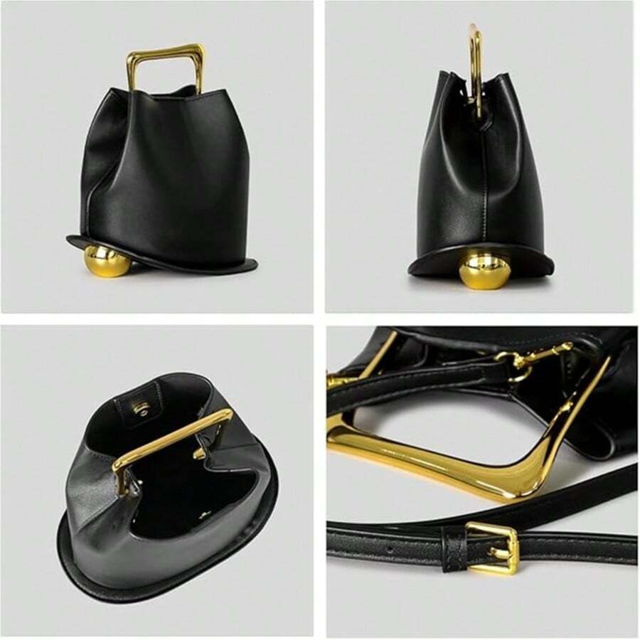 Small Tote Bag This Stylish And Minimalist Women's Handbag/Bucket Bag Is PU Material And Features Metal Handles And An Adjustable Shoulder Strap