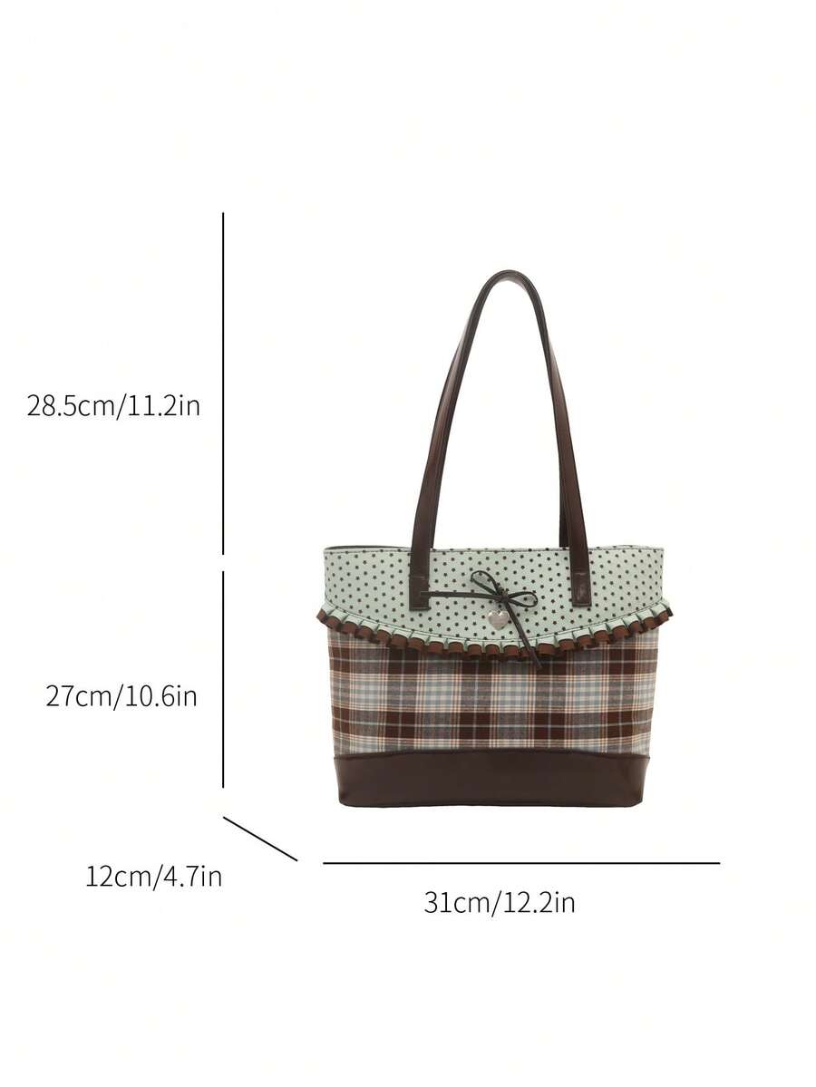 DAZY 2026 Spring Summer Mint Plaid Tote Bag: Ruffle Trim Bow & Heart Charm Polka Dot Handbag For Women Elegant Mint Green & Brown Plaid BagLarge Capacity