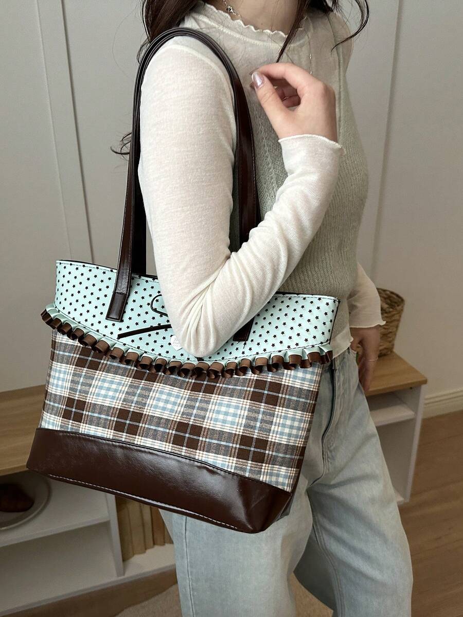 DAZY 2026 Spring Summer Mint Plaid Tote Bag: Ruffle Trim Bow & Heart Charm Polka Dot Handbag For Women Elegant Mint Green & Brown Plaid BagLarge Capacity
