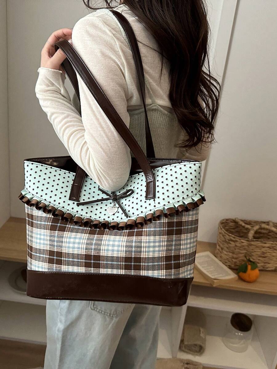 DAZY 2026 Spring Summer Mint Plaid Tote Bag: Ruffle Trim Bow & Heart Charm Polka Dot Handbag For Women Elegant Mint Green & Brown Plaid BagLarge Capacity