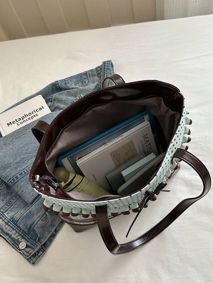 DAZY 2026 Spring Summer Mint Plaid Tote Bag: Ruffle Trim Bow & Heart Charm Polka Dot Handbag For Women Elegant Mint Green & Brown Plaid BagLarge Capacity