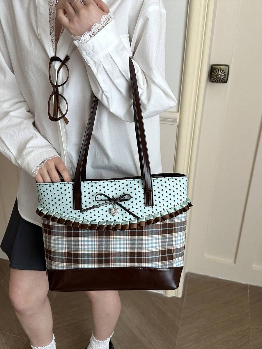 DAZY 2026 Spring Summer Mint Plaid Tote Bag: Ruffle Trim Bow & Heart Charm Polka Dot Handbag For Women Elegant Mint Green & Brown Plaid BagLarge Capacity