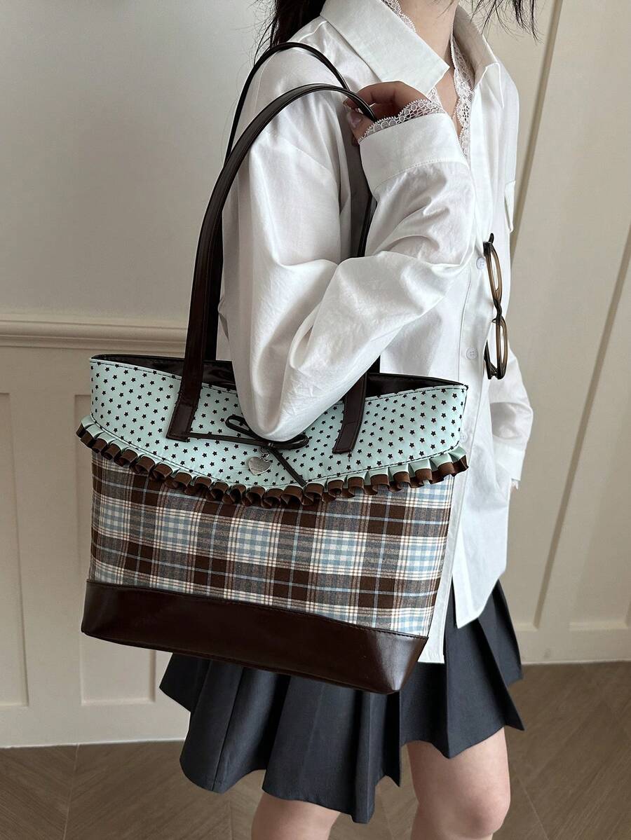 DAZY 2026 Spring Summer Mint Plaid Tote Bag: Ruffle Trim Bow & Heart Charm Polka Dot Handbag For Women Elegant Mint Green & Brown Plaid BagLarge Capacity