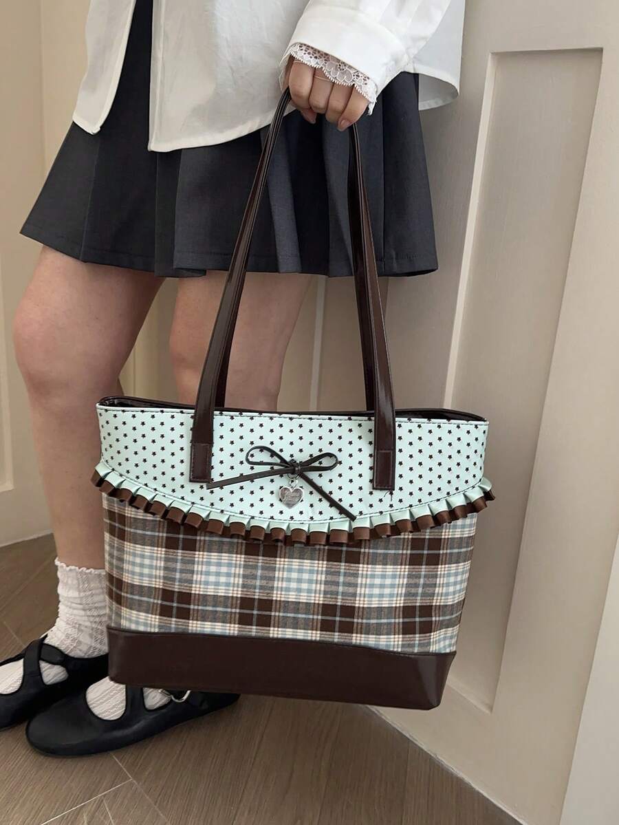 DAZY 2026 Spring Summer Mint Plaid Tote Bag: Ruffle Trim Bow & Heart Charm Polka Dot Handbag For Women Elegant Mint Green & Brown Plaid BagLarge Capacity