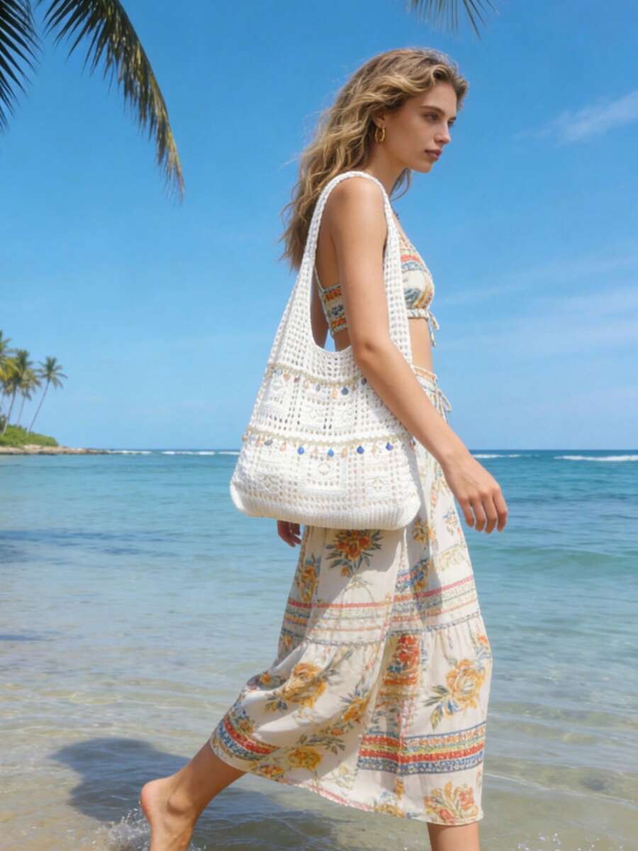 LFIRSTL Women's Tote Bag, Large Capacity Foldable Hollow-Out Knitted Bag, Ideal Choice For Summer Casual Vacation, Beach Travel And Romantic Holiday