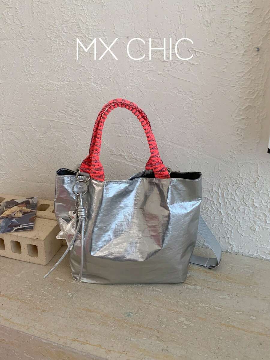 1pc Women's Colorblock Shoulder Crossbody Bag, Large Capacity Shiny Tote Bag, Suitable For Shopping, Commuting, Gift Giving