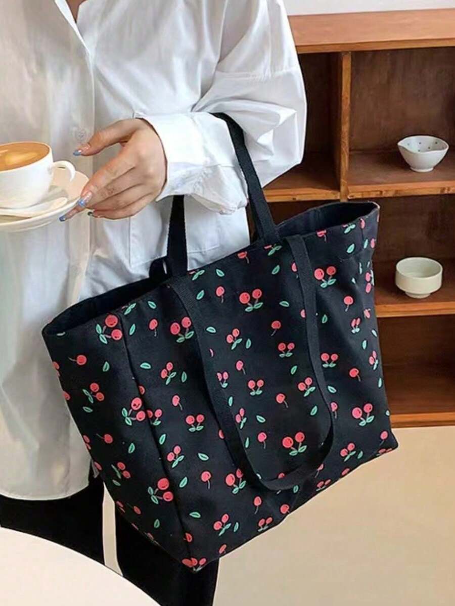 Floral Bliss Bag Fresh And Lovely Cherry Printed Multifunctional Tote Bag For Daily Activities And Shopping, Large Capacity Canvas Shoulder Bag For Travel And School, For Women And Girls, Kawaii Cherr